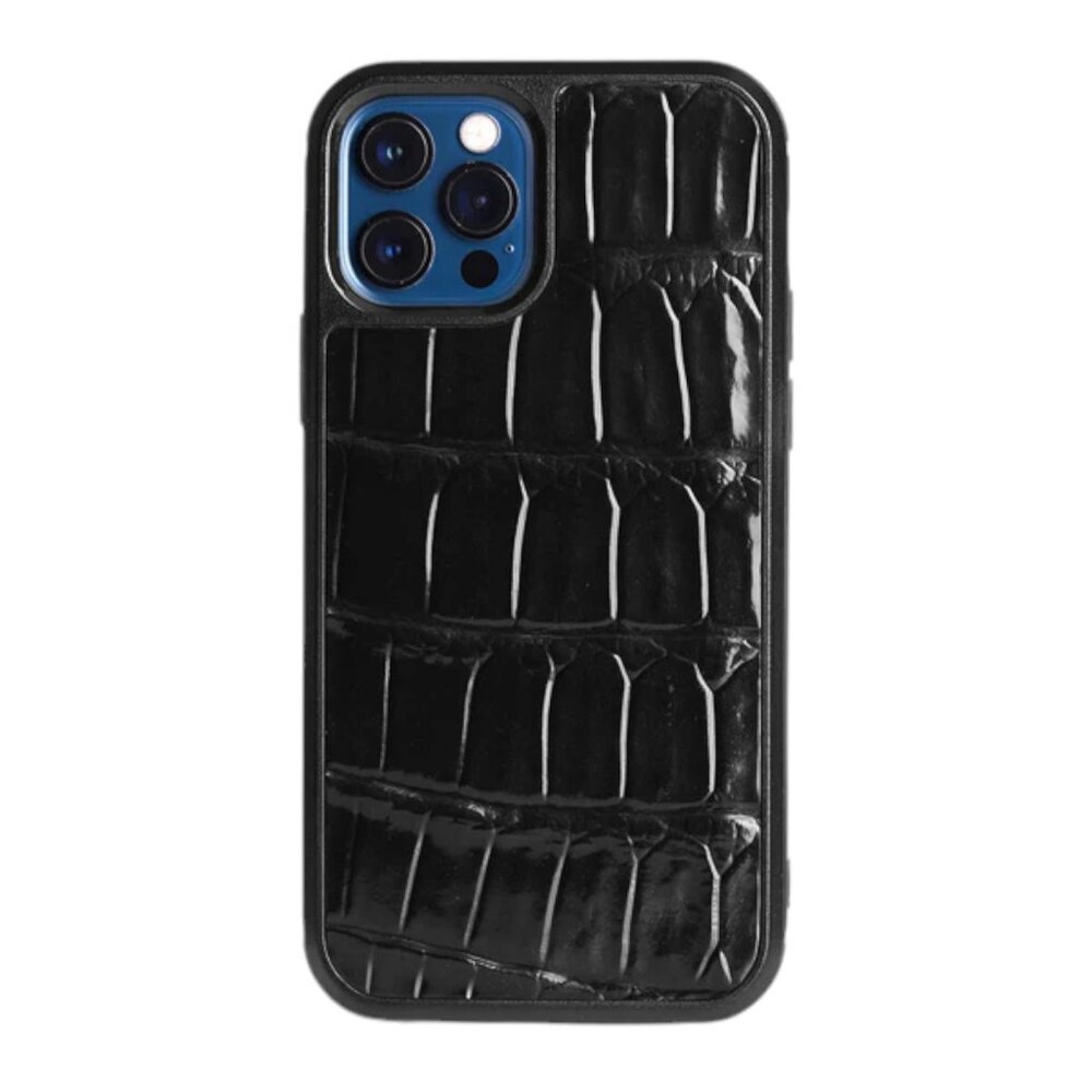 Gift Idea - Handmade Alligator iPhone 12 & 12 Pro Case - Black Shiny